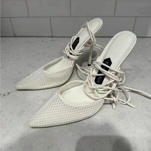 Jessica White Mesh Lace-Up Heels
